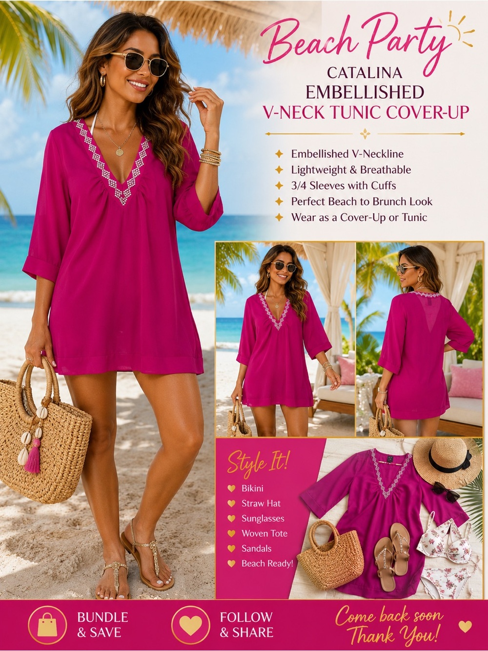 Catalina Swim Cover Up Sheer Embellished ‎ Top